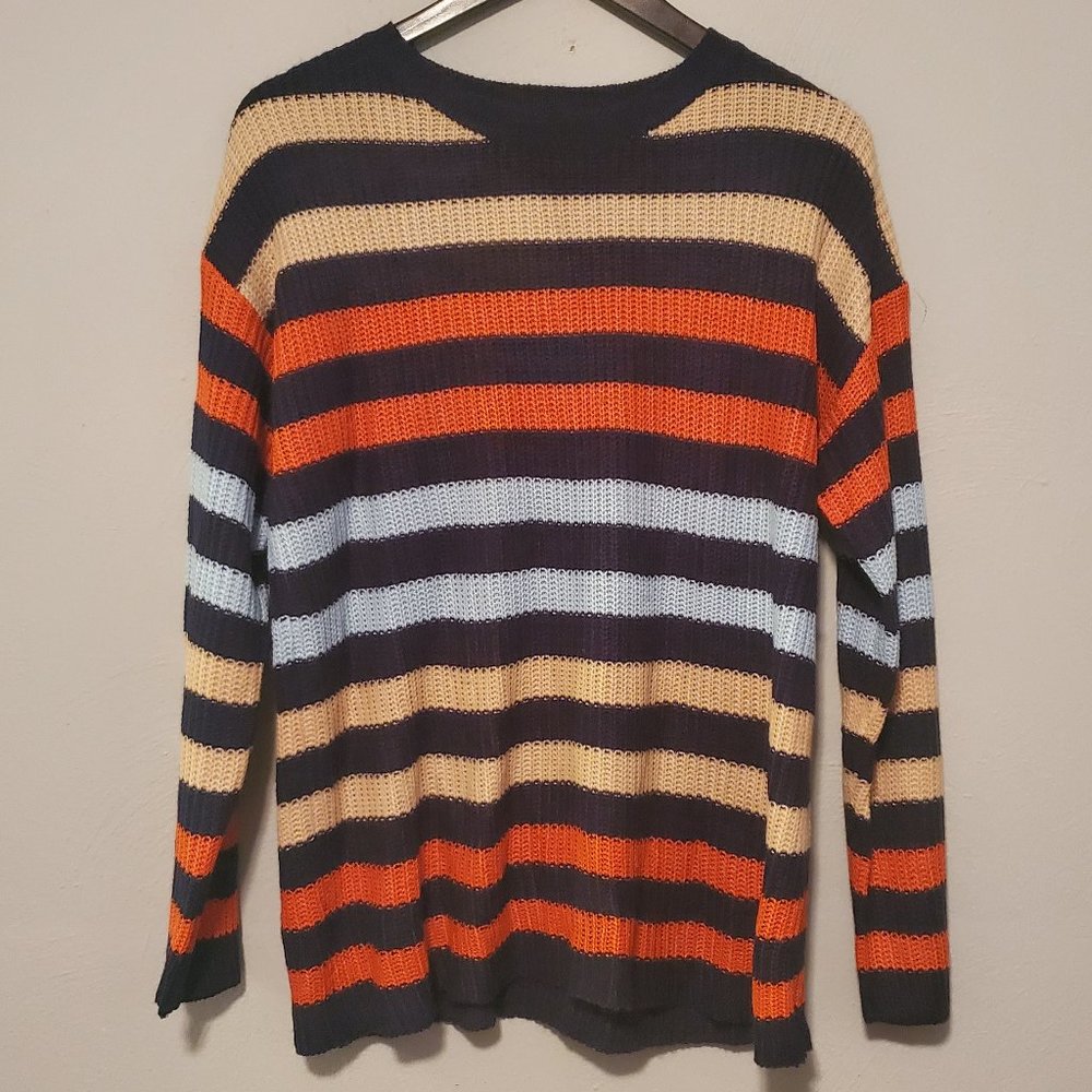 Kirundo Women's Wide Striped Knit Sweater Orange, Blue, Tan/Cream Size Medium